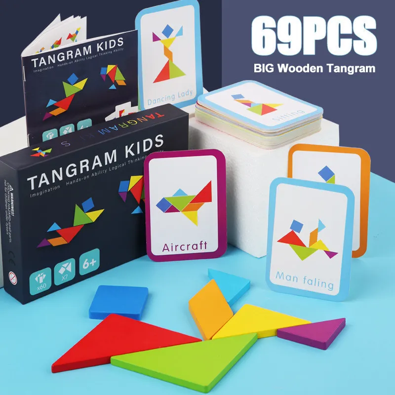 Geetoy 69Pcs Papan Permainan Puzzle Tangram Kayu Geometri Matematika Meningkatkan Keterampilan Kognitif Mainan Edukatif