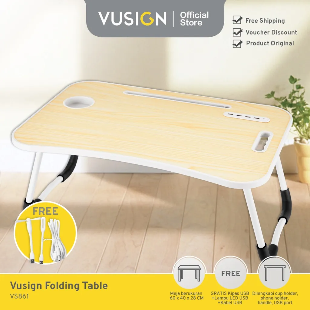 Vusign Folding Table Meja Belajar Laptop Lipat Warna-Warni Dengan USB Port Bonus Kipas Lampu dan Kabel USB VS861