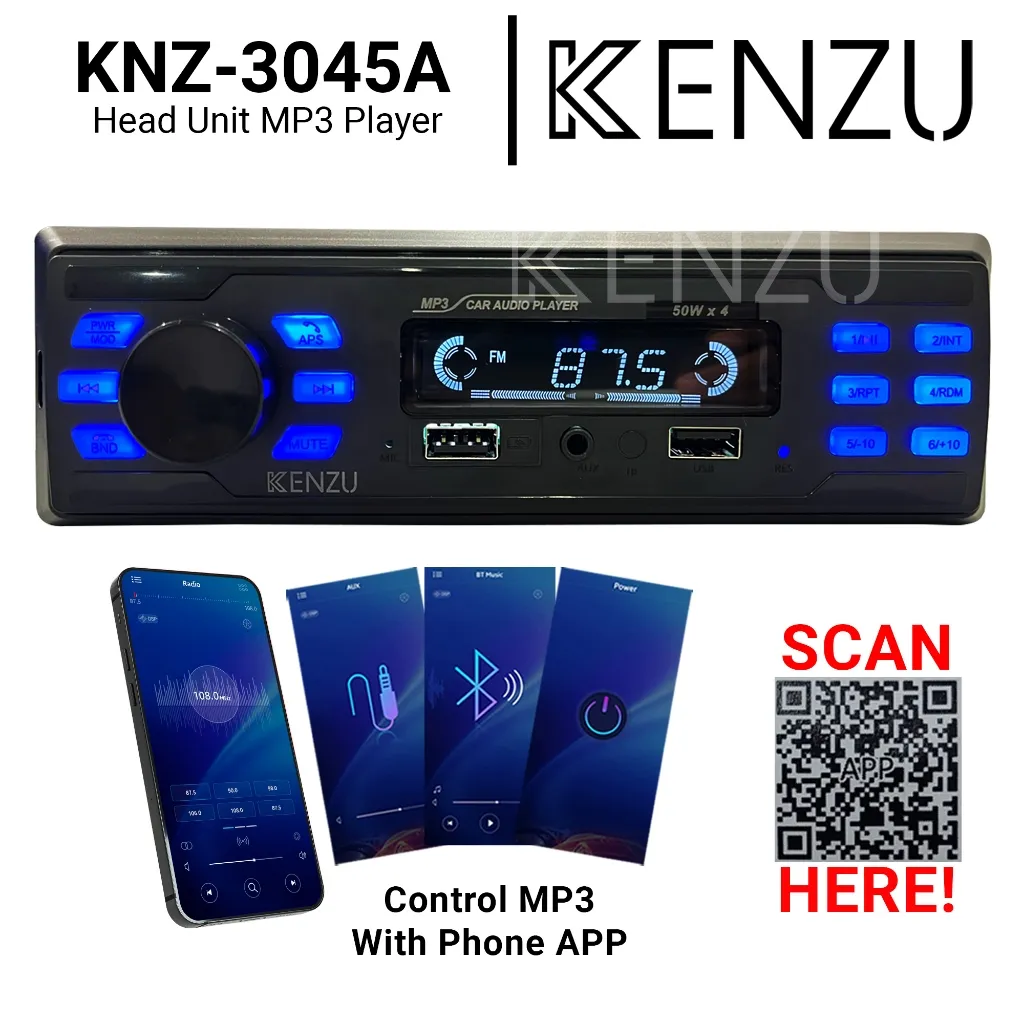 KENZU KNZ-3045 Head Unit Single DIN MP3 Player | Phone App, Bluetooth, USB, AUX, FM Radio, Remote
