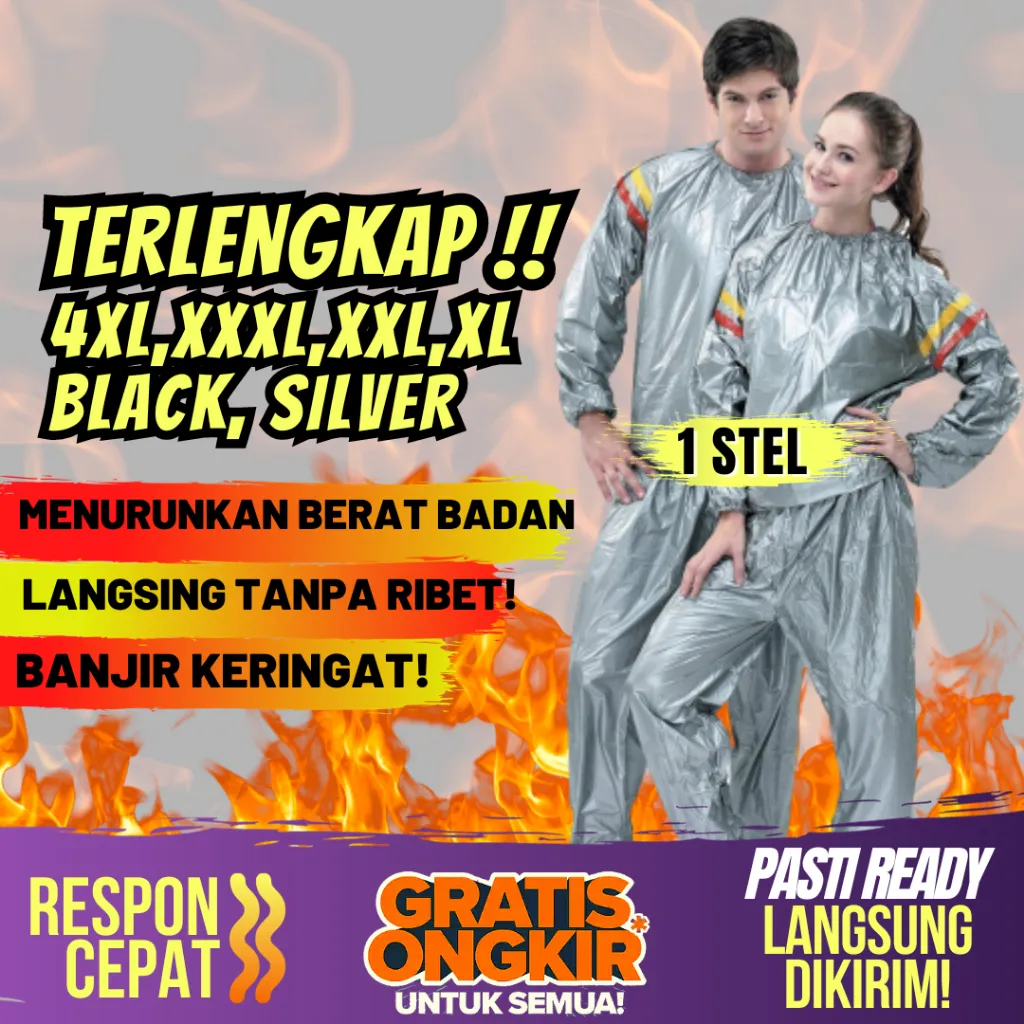 Sauna Suit Baju Pelangsing Olahraga Jogging XL XXL 3XL Jumbo Pria Wanita Hitam Silver Ready