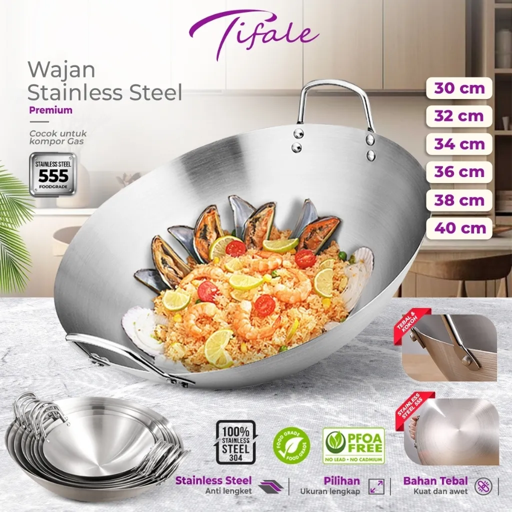 [RAMADAN SALE] Tifale Wajan Stainless 555 Dengan 6 Ukuran Dengan Pegangan Stainless Kuali Premium Premium Quality