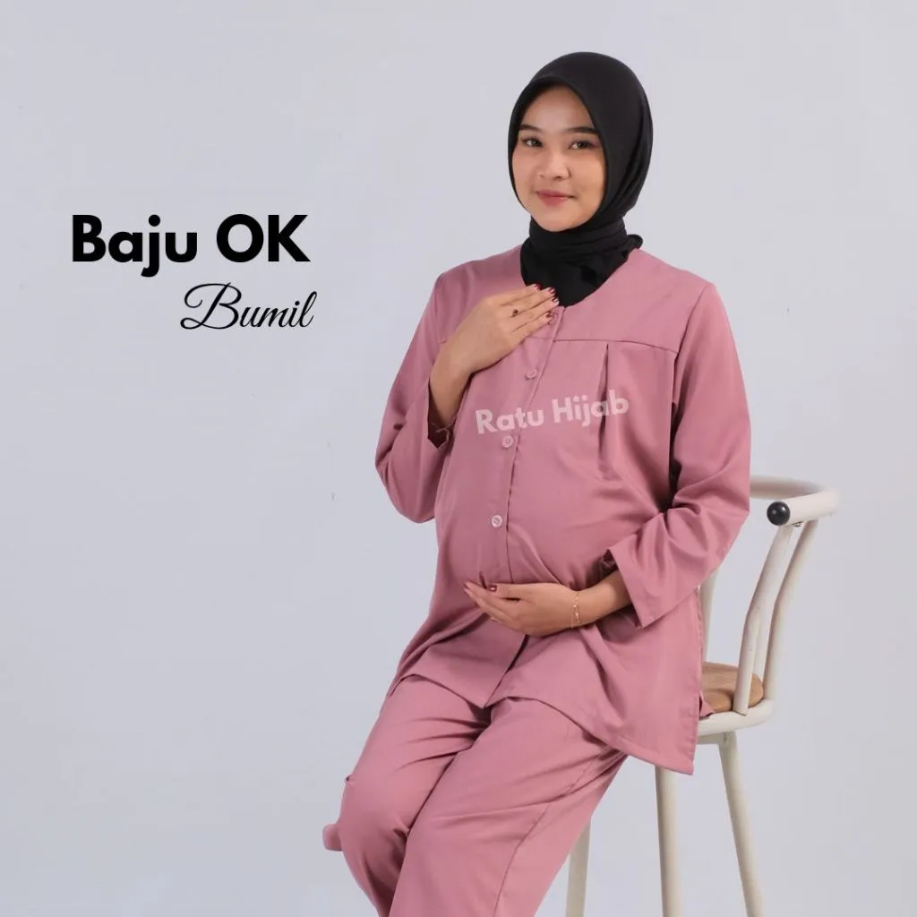 Baju Oka bumil maternity scrub ibu hamil perawat nakes full kancing lengan panjang polos one set