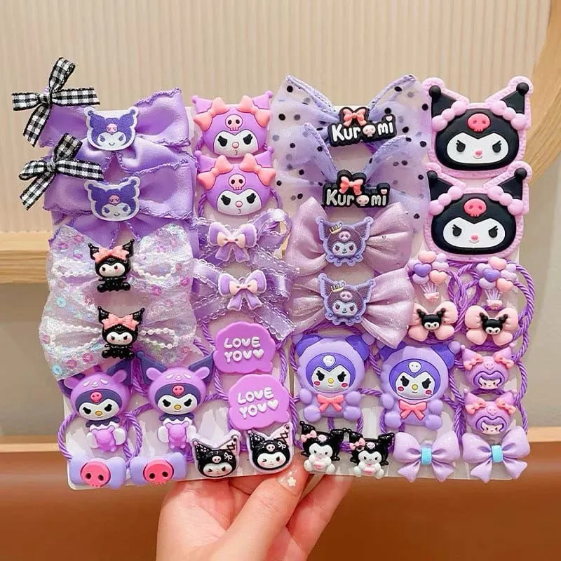 18pcs Set Ikat Rambut Sanrio Aksesoris Rambut Anak Perempuan Sanrio Kuciran Rambut Set Anak Cinnamoroll Kuromi Melody Hello Kitty Lucu Set Ikat Rambut