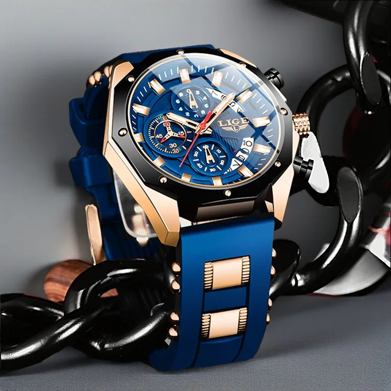 LIGE Original Jam Tangan Pria Fashion Kronograf Aktif Multi Fungsi Anti Air Jam Tangan + Kotak