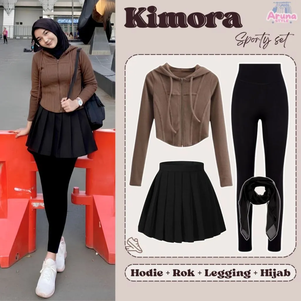 One Set Olahraga Remaja Kekinian (Hodie Crop, Celana Legging, Rok Rempel Mini, Bella Square) Setelan Sporty Lari/Padel/Tenis/Badminton/Jogging Outfit Viral Masa Kini  Casual AS6F