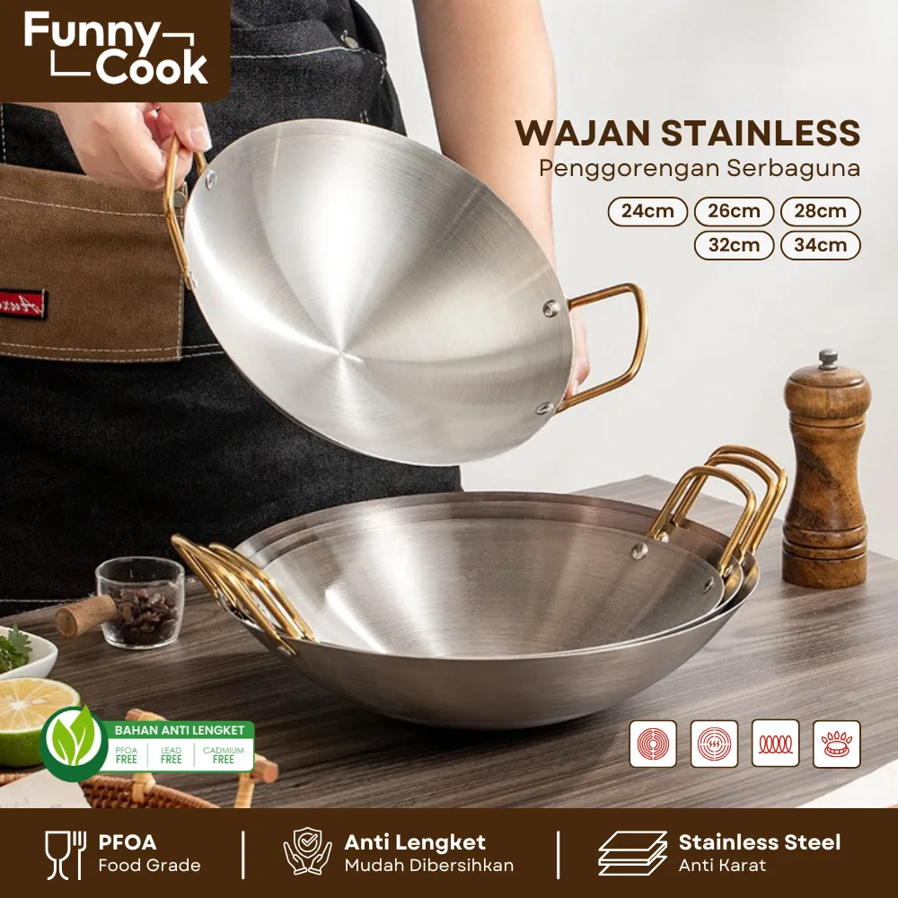 FUNNYCOOK Kuali Penggorengan 32CM 34CM Stainless Steel Wajan Kenceng Tebal Anti Karat / Stainless Pan
