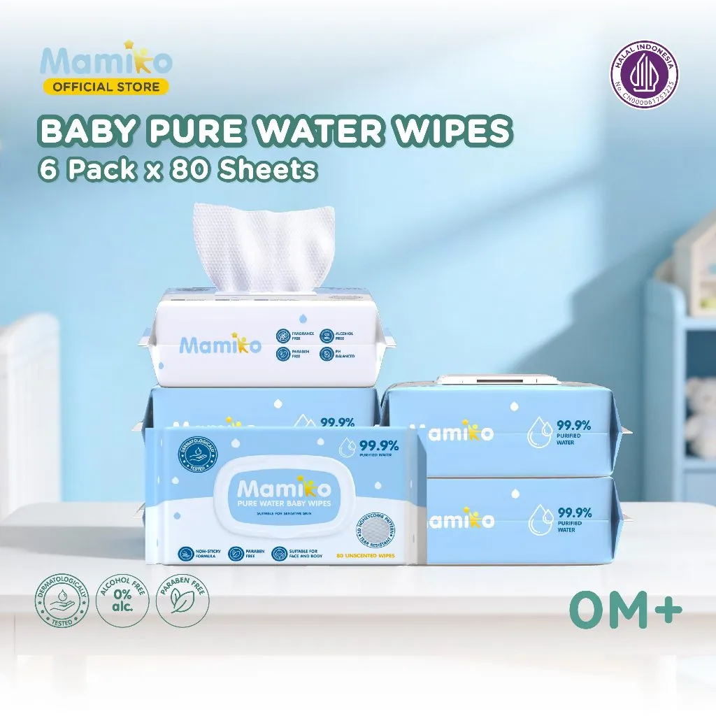 Mamiko Wet Tissue Baby Wipes Pure Water Hand Mouth 80s (6 Pack) - Tisu Basah Bayi
