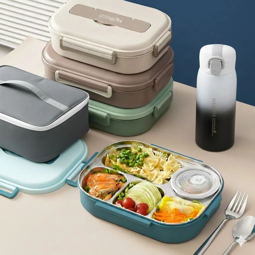 Lunch box kotak makan Set  stainless 304 sekat 4/5 1500ml anti tumpah  sendok garpu kotak bekal
