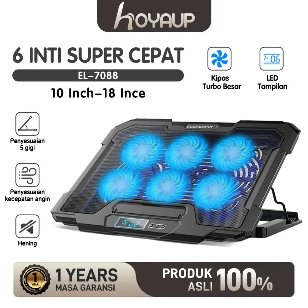 HOYAUP-Cooling Fan Stand Laptop Portable 6 Fans LED Silent Noise Cooler Foldable 9"-18" LED Light Fan Adjustable Height Notebook Cooling Pad Cooler