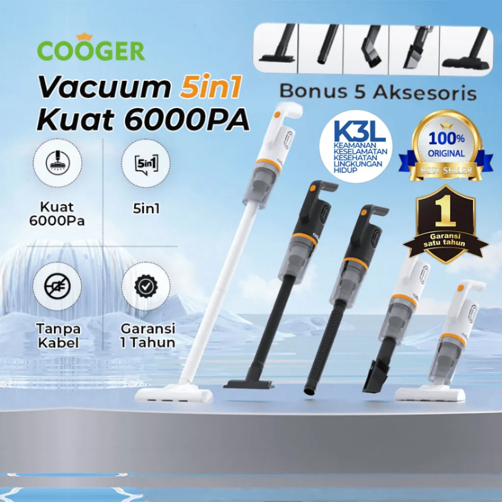 COOGER New Vacuum Cleaner 5IN1 Penyedot Debu Serbaguna Garansi 1 Tahun Dengan Gagang Panjang Warna Hitam Elegan Daya Hisap Kuat Bisa Digunakan Untuk Sudut Rumah dan Sofa
