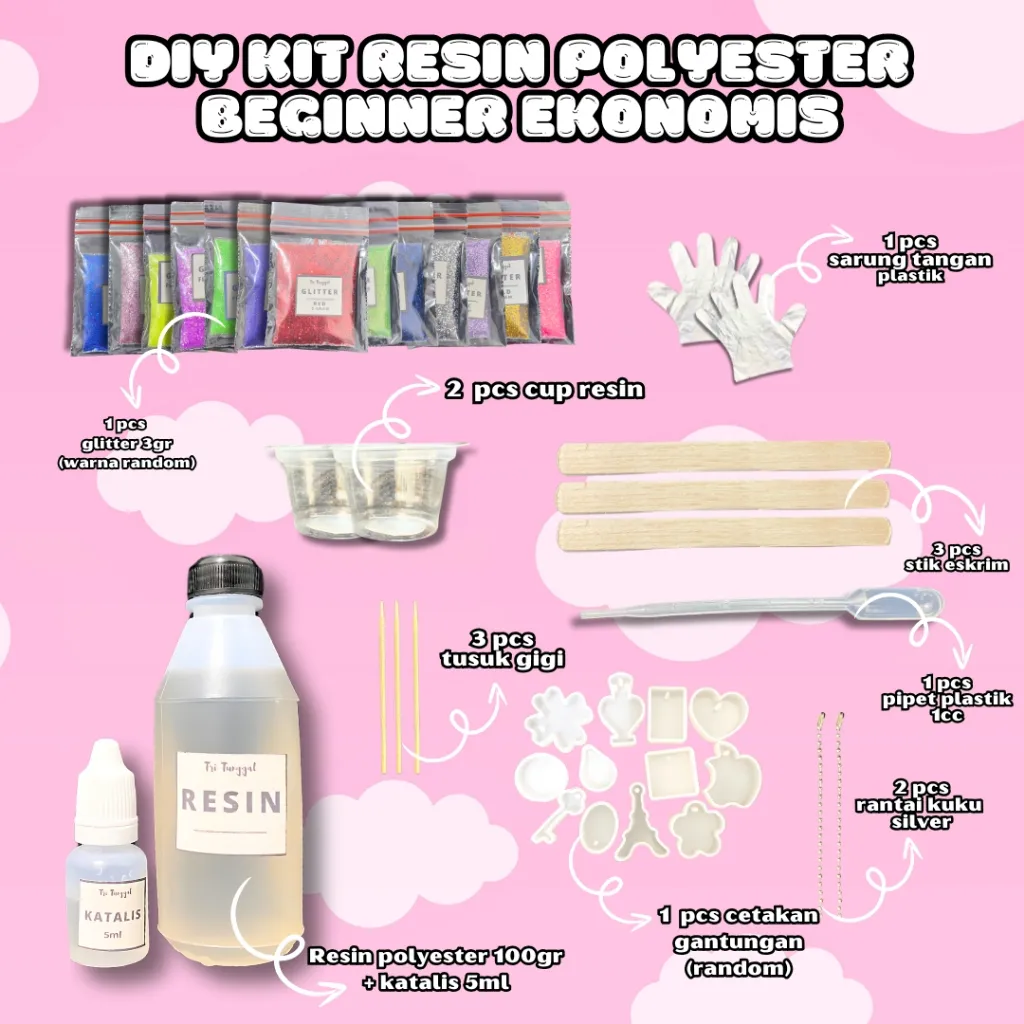 PAKET DIY KIT RESIN POLYESTER - EKONOMIS Sepaket Package Bundle Isi Gantungan Kunci Keyring Key Ring Anak Kids Do It Yoursef Lengkap Bahan Kerajinan Terlengkap Pemula Art Seni Kesenian Craft Crafting Gift Set Termurah Murah Grosir Prakarya Malang