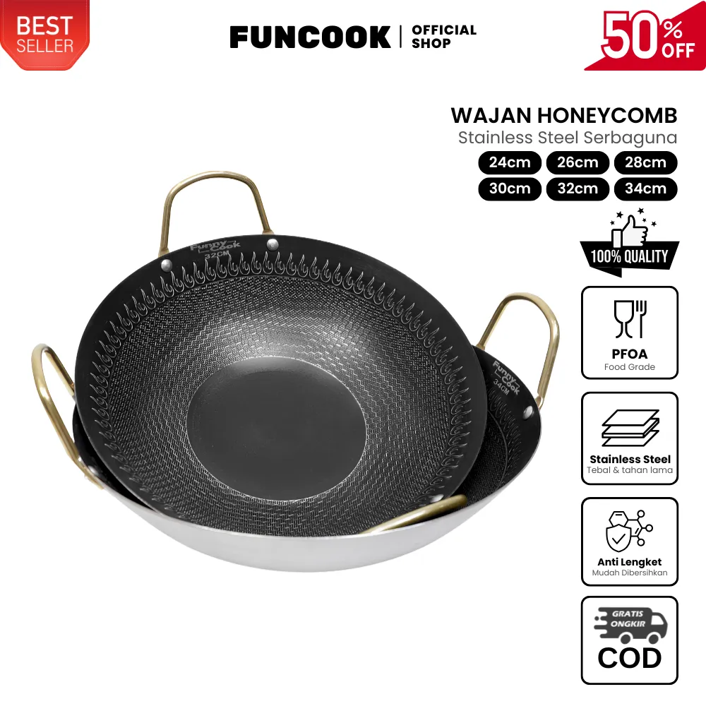 FUNCOOK Wajan Stainless Steel Motif Anti Lengket Dengan 5 Ukuran - Kuali Stainless Premium Quality