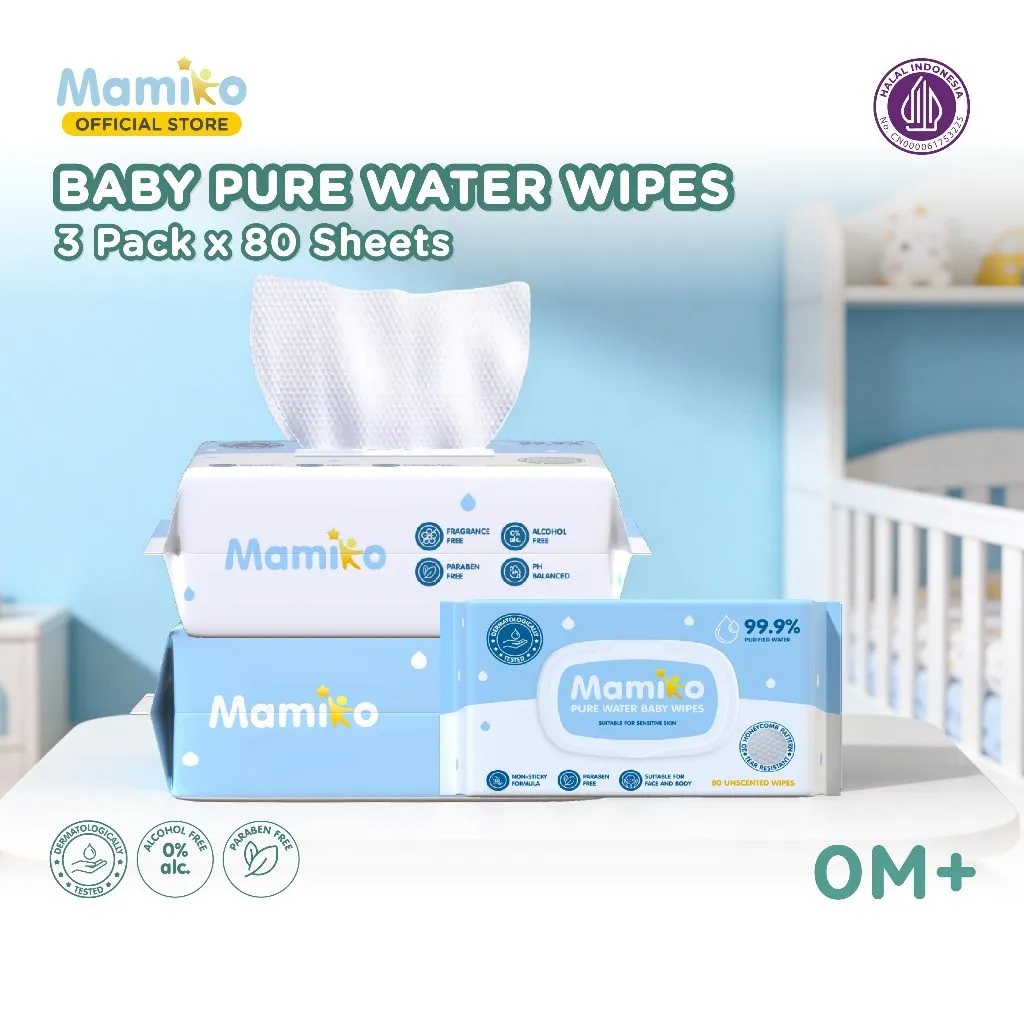 Mamiko Wet Tissue Baby Wipes Pure Water Hand Mouth 80s (3 Pax) - Tisu Basah Bayi Non Alkohol Non Parfume