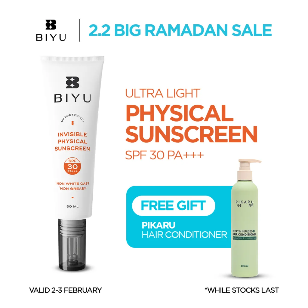 BIYU Physical Sunscreen SPF 30 PA+++ | Kulit Sensitif, Jerawat | 100% Mineral | Light | No Whitecast