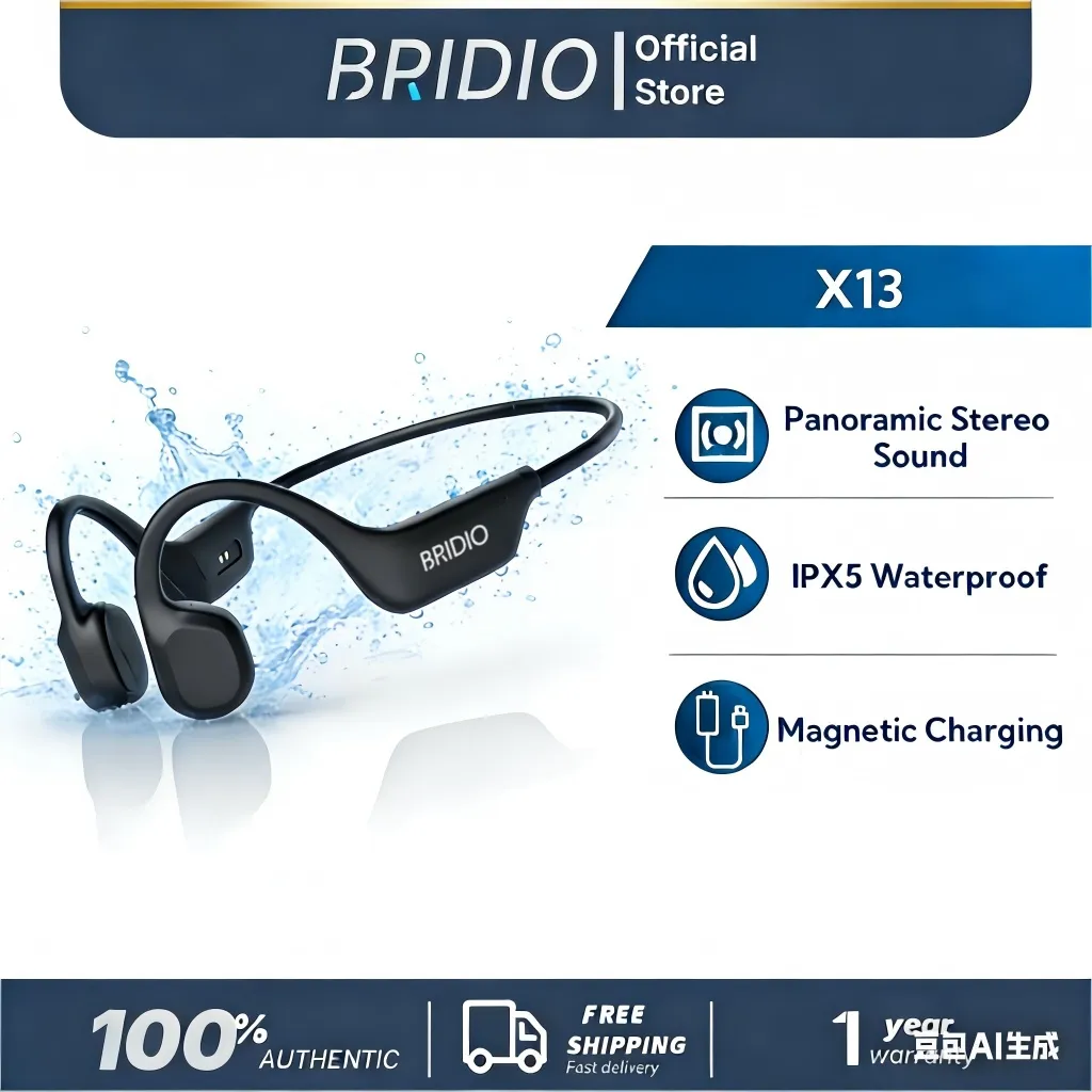 Bridio X13 Bone Conduction Headset Nirkabel Open Ear Bluetooth 5.3 Magnetic Charging Untuk Olahraga Lari IPX5 Waterproof & Type-C Garansi Resmi