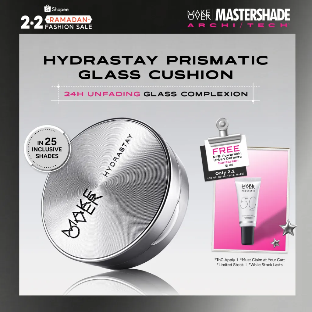 [HARGA TERMURAH!] MAKE OVER Hydrastay Prismatic Glass Cushion - Glow Plumpy Anti Crack Smudgeproof Tidak Cakey Tidak Crease High Coverage Tahan Banting Radiant Foundation Compact Makeup Concealer Skin Tint long lasting time less stain with euphoria