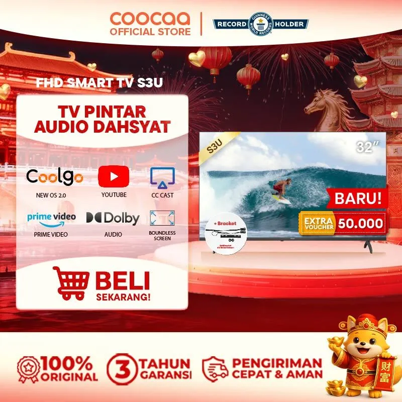 [+ BRACKET] COOCAA 32 inch Smart TV S3U - Digital TV - Dolby Audio - Youtube - Mirroring -  Flick Free - Boundless -Browser - WIFI - HD - USB/AV/LAN - OS Coolita (COOCAA 32S3U)