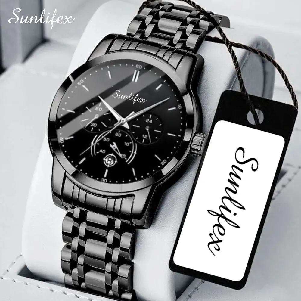 Sunlifex Jam Tangan Pria Original Bisnis Anti Air Kuarsa Jam Pria Calendar Tali Stainless Steel Jam Tangan Cowok 9007
