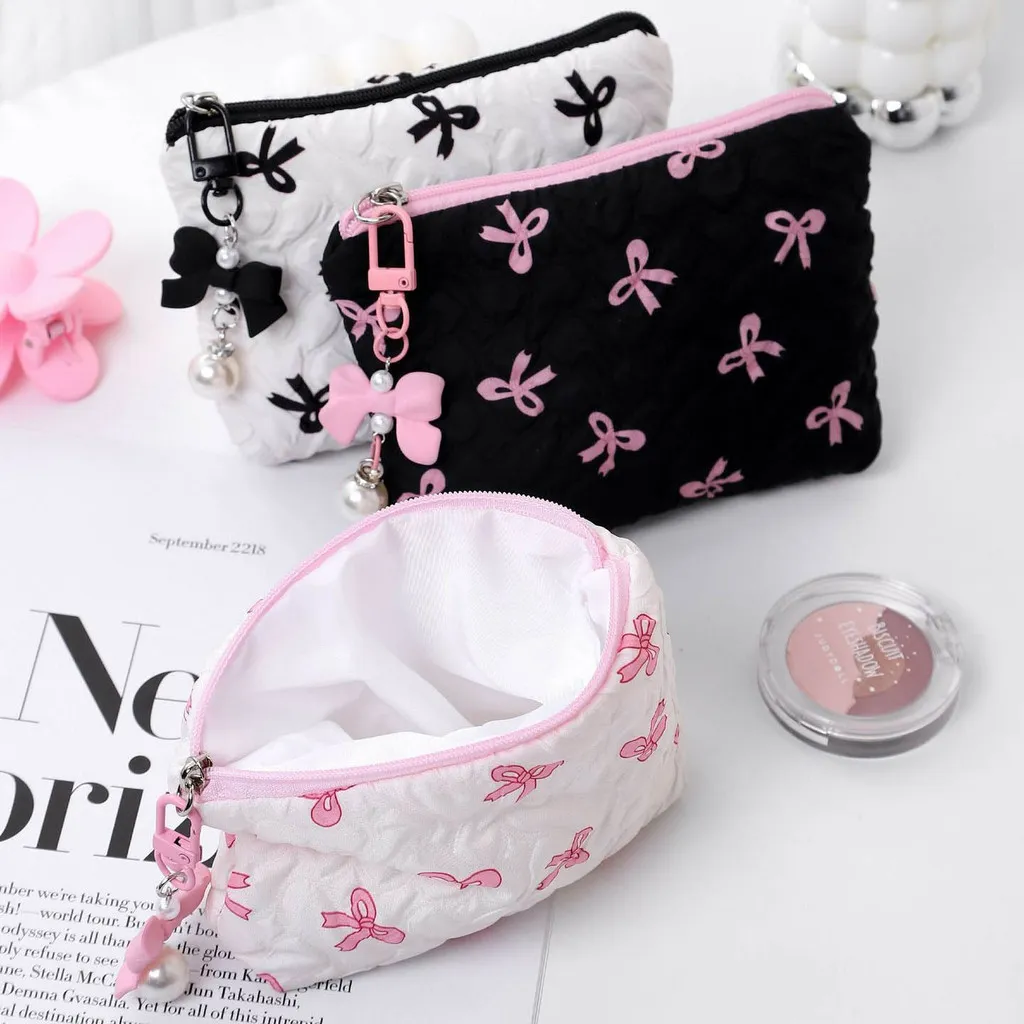SHINSDAY Pouch Pita Ribbon Coquette Tas Makeup Kosmetik Serbaguna Korea Tas Travel Organizer Multifungsi Lucu Mini