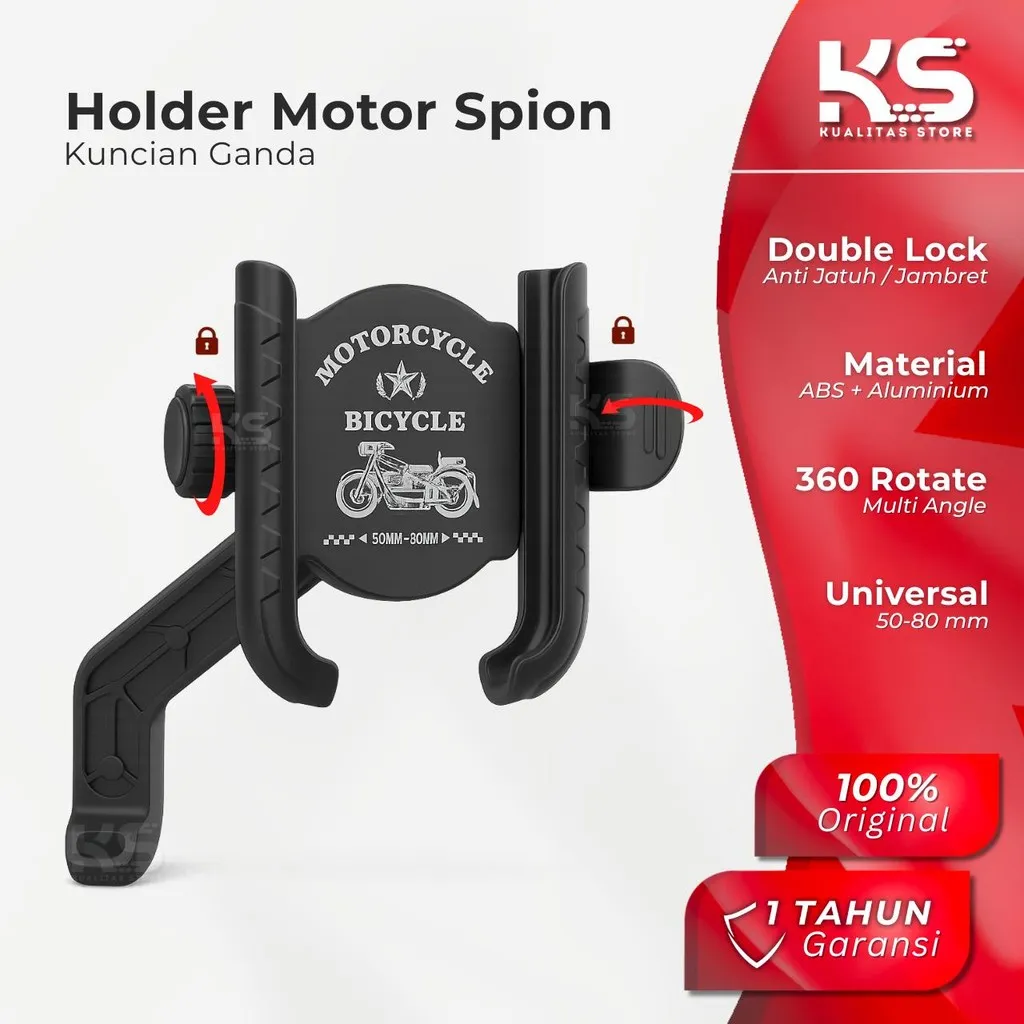 Holder Hp Spion Motor Double Lock Anti Jatuh Jambret / Stand Dudukan Handphone Motor Kokoh Stabil 360 Rotasi Universal