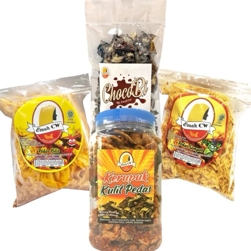 Emak Cw - 4 Pcs Keripik Singkong Nage 25 (Pedas Bilis,ChocoBi,Kulit ikan Pedas manje toples,Pedas Sangat)