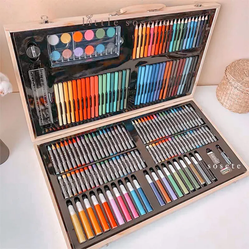 Little Sosete - Peralatan Gambar dengan Custom Grafir Nama 180 Pcs Art Set Koper Kayu Pensil Warna Anak Crayon Spidol Cat Air Drawing Set Pensil Penghapus Alat Tulis Anak  Kado Hampers Souvenir untuk Ulang Tahun Anak Anak Kado Anak Ulang Tahun di Sekolah
