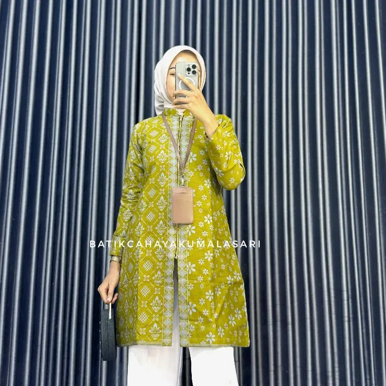 Tunik Batik Wanita Lapis Trikot Motif ROMECCA LEMON - Atasan Batik Kerja Wanita Bahan Katun Prima