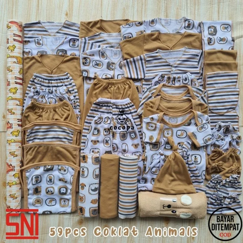 COCOPA BABY Paket 59PCS / 57PCS Paket Brojol Paket Lahiran Lengkap Baju Bayi dan Celana Bayi Baru Lahir New Born Cewek-Cowok Paket Hemat Baju Bayi Baru Lahiir SNI COKSU ANIMALS