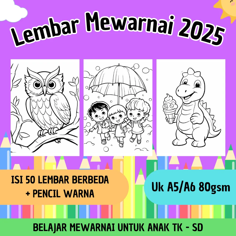 Kertas Mewarnai isi 50 lembar ukuran A5 & A6 + pensil warna/lembar mewarnai anak TK/SD/Kertas gambar