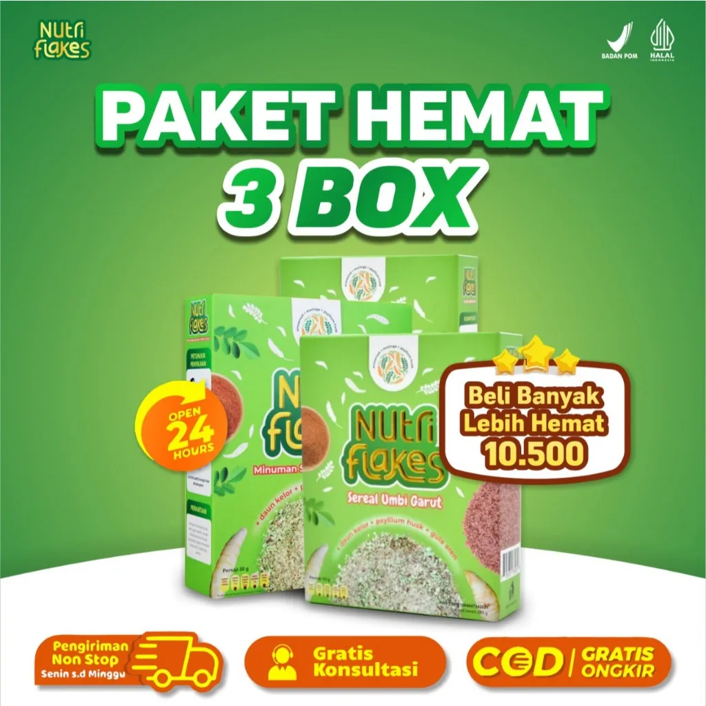 3  BOX NUTRIFLAKES | SEREAL SEHAT ATASI ASAM LAMBUNG | UMBI GARUT, MORINGA, & SUSU ETAWA | 100% ALAMI / UMBI GARUT / DAUN KELOR / SUSU KAMBING ETAWA / OAT / MAKANAN SEHAT/ NUTRI FLAKES