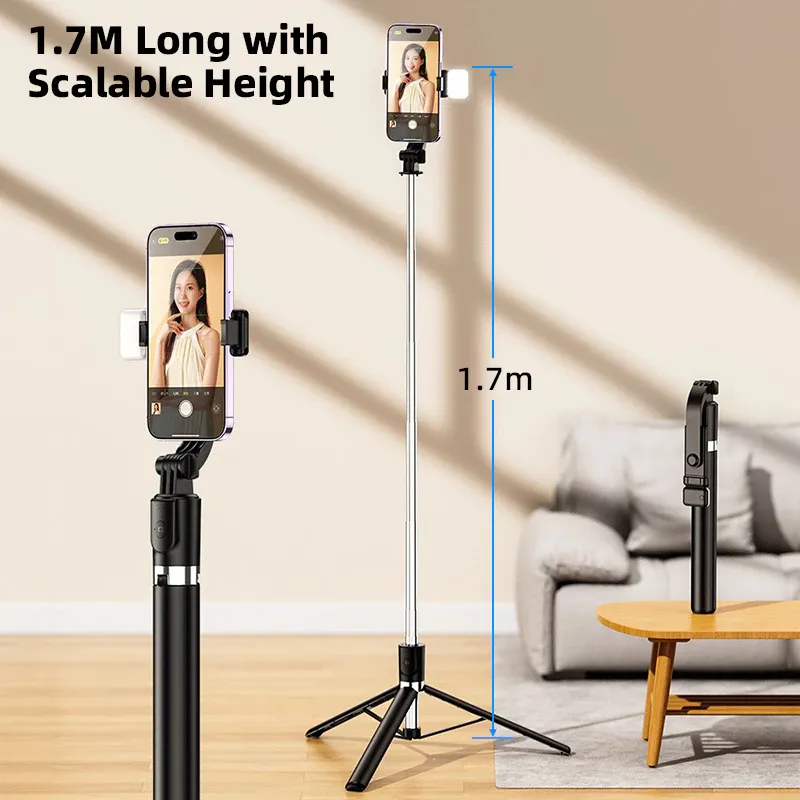 4in1 4 in 1 Tongsis Stik Selfie Stand Tongsis Tripod Tiang Tinggi 1,7 1.7 1.7M Meter LED Flash Lights 360 Aluminium Steel Stick Selfie Vlog Live Stand Phone Remote Shutter Bluetooth Lipat Panjang 170CM 170 CM R1L R1S-L Tripod Ngonten Konten Travel Lengkap