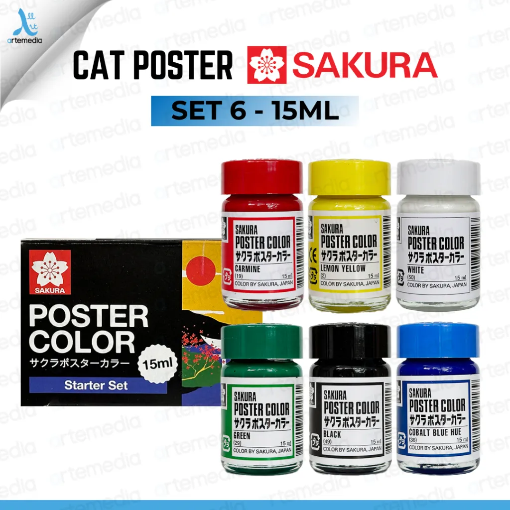 Sakura Poster Color Starter Set 6×15 ml | Cat Poster Sakura 15ml Set 6 | Opaque Solid Color, Smooth Texture & Easy Mixing