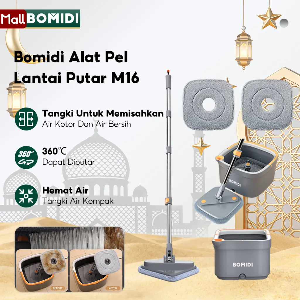 Bomidi Alat Pel Lantai Peras Otomatis M16 2 In 1 Alat Pembersih Praktis Berteknologi Ganda Pemisah Ultra Spin Mop