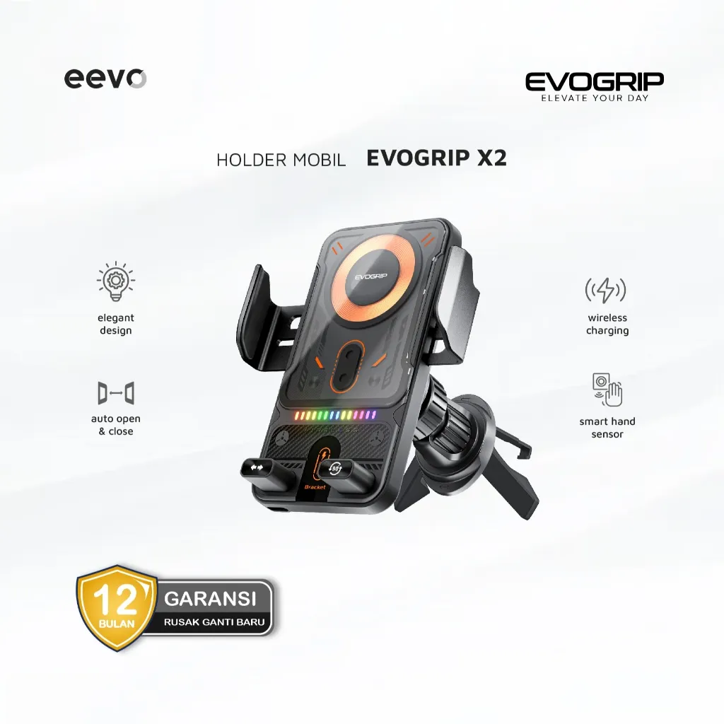EVOGRIP X2 Car Phone Holder Automatic Rotation Airvent AC Mobil Wireless Charging 15W dengan Tombol Otomatis Putar 90° dan Buka Tutup Jepit