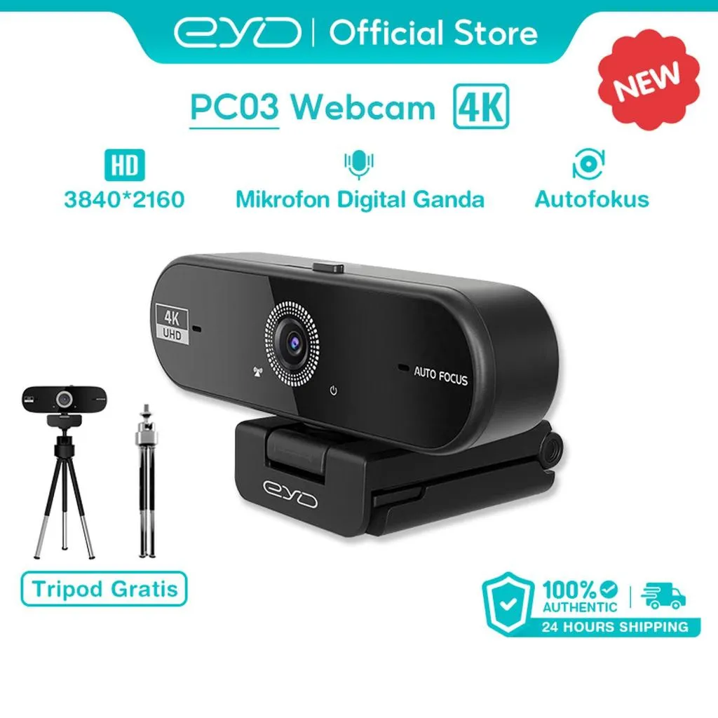 EYD 4K Webcam 8 Megapiksel Autofocus Mikrofon internal Tutup Privasi Lensa Terpasang Tripod Gratis Rotasi 360° Untuk USB Laptop Computer PC HD Camera PC03 Kamera Windows/Linux/Android/MacOS