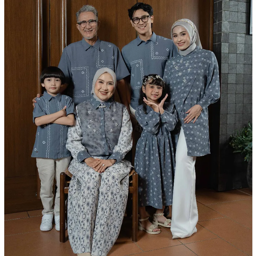 Mayoutfit Biha Pattern Sarimbit Lebaran Denimblue Series | Baju Lebaran Sarimbit Muslim Raya Keluarga Dress Koko Gamis Couple