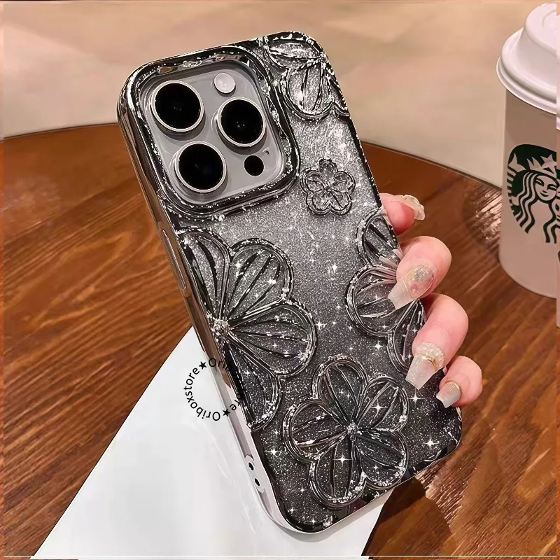 Case Glitter Floral Quicksand Crystal Luxury Frame Chrome 2 In 1 For Iphone 17 17air 15 14 13 12 11 Xr X Xs Pro Plus Promax Case Floral RCI614