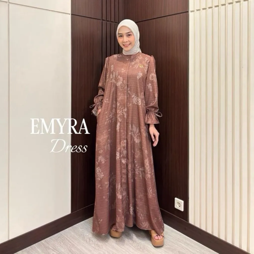 RH COL - Emyra Dress Koko Ayah Ibu Bahan Snow Twill Variasi Lengan Pita Gamis Wanita Muslim Busui Friendly