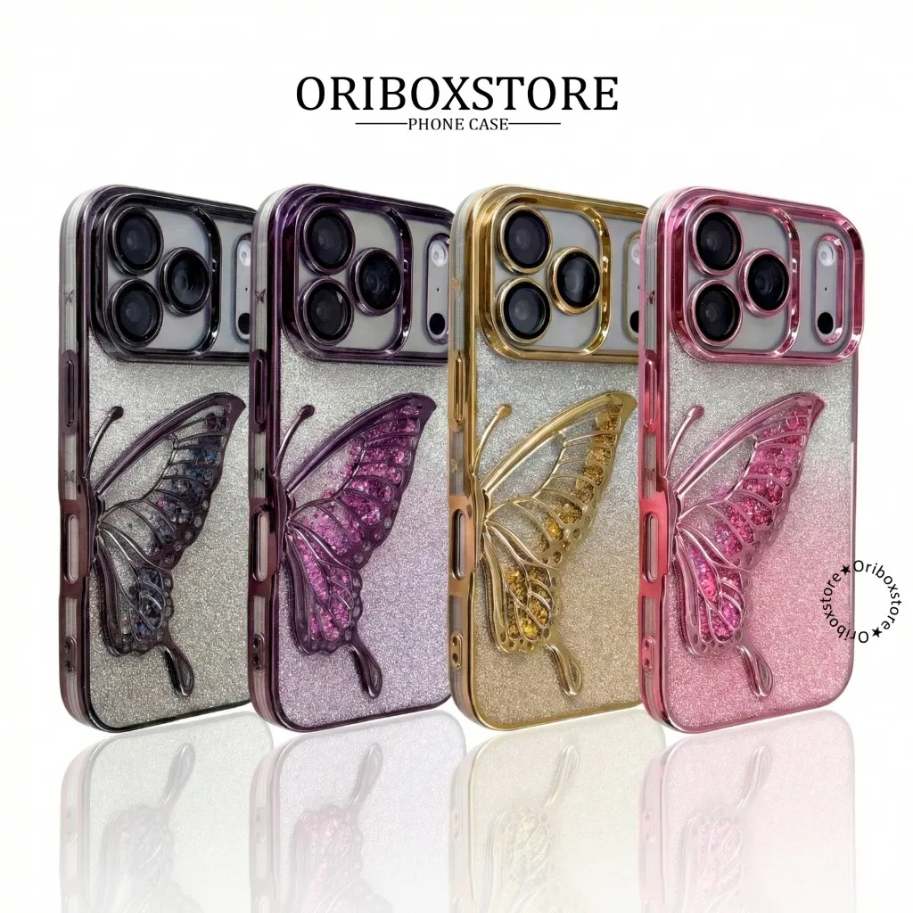 Luxury Quicksand Glitter Butterfly Case Compatible For Iphone 11 12 13 14 15 16 17 17AIR Pro Promax Shinny Bling Clear Plating Soft Case Back Cover Rci272