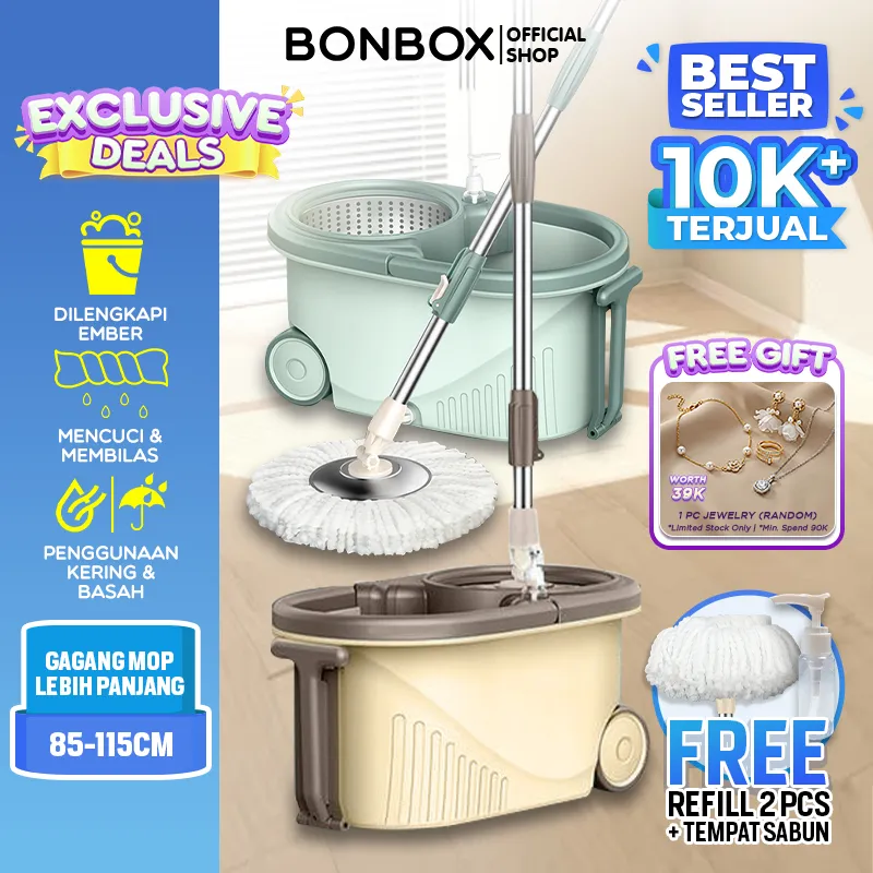 BONBOX Alat Pel Lantai Kain Fiber dengan Ember Spin Mop Mencuci dan Membilas Alat Pembersih Lantai BCT704