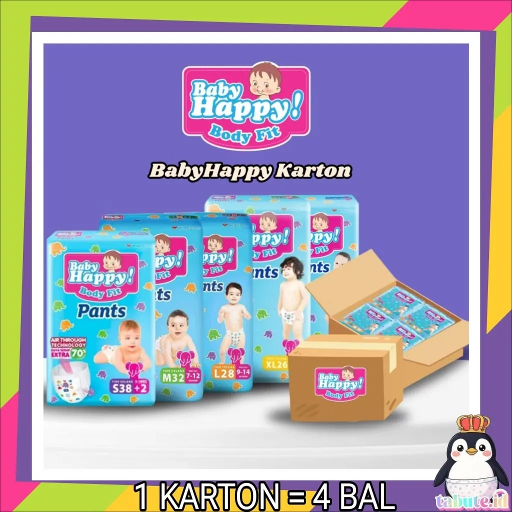 [1 KARTON ISI 4 BAL] Baby Happy Body Fit Pants S40/M32/L28/XL26/XXL24/S56/M48/L42/XL38/XXL34 - Popok Celana - tabute.id