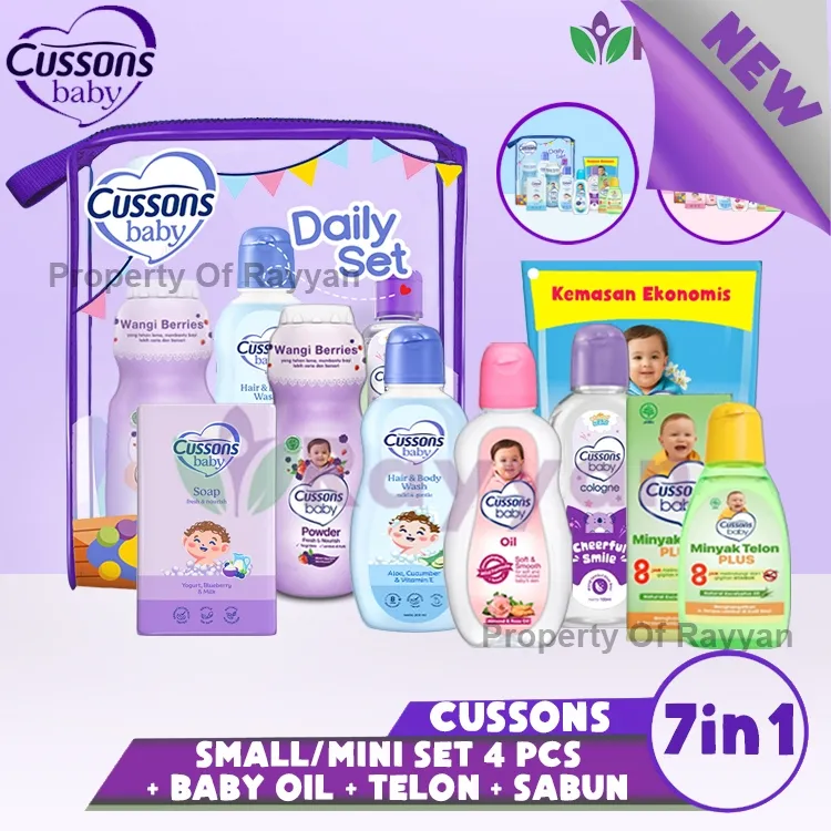 [CS]Cussons Baby Daily Essential Gift Set Small Mini Bag 7in1 Ungu/Pink/Biru Plus Sabun dan Telon| Trafel/Travel Set | Peralatan Berpergian Bayi | Mini Set isi 7 pcs Perlengkapan mandi 7in1 My Baby Telon 30ml | Sabun Batang Cussons 60g