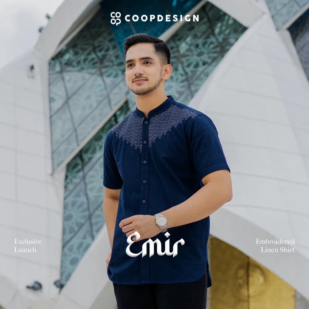 [Exclusive Baju Lebaran 2026] Coop Design - Emir Koko Bordir Kurta Kerah Changi Collarless Katun Polos Lengan Pendek Pria