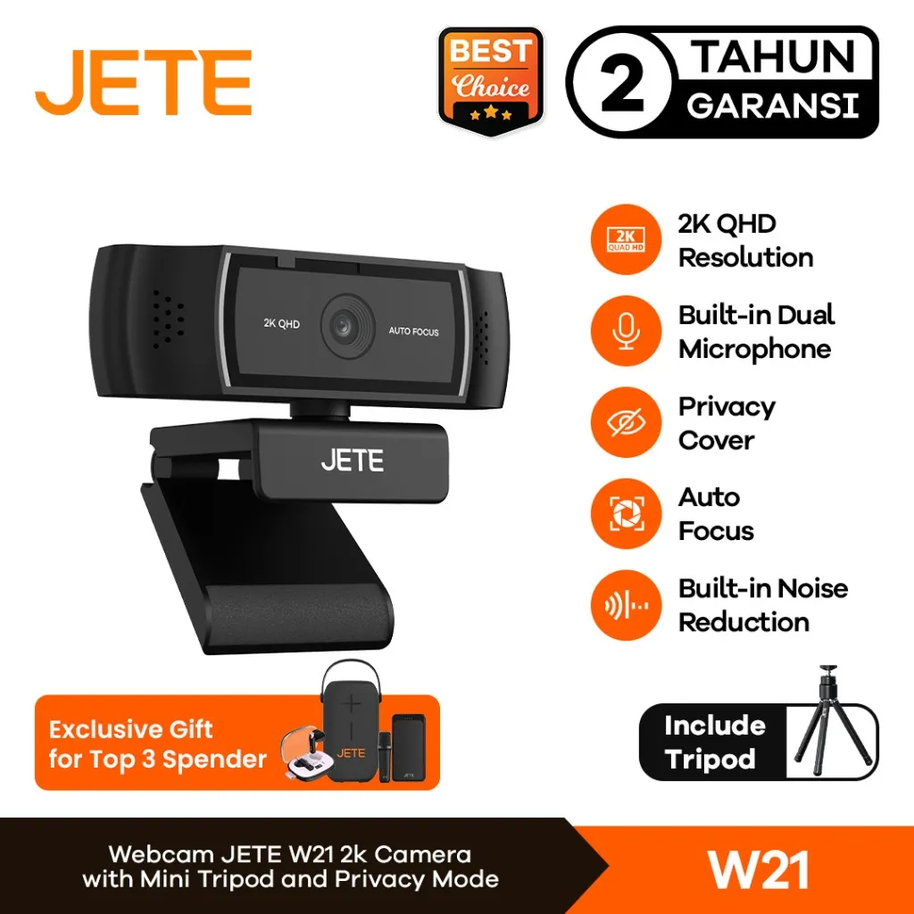 Webcam JETE W21 Web Cam 2K QHD 1440p Kamera Microphone Handphone Laptop Komputer With Privacy Lens Cover For Live Video Meeting Tripod Camera Auto Focus