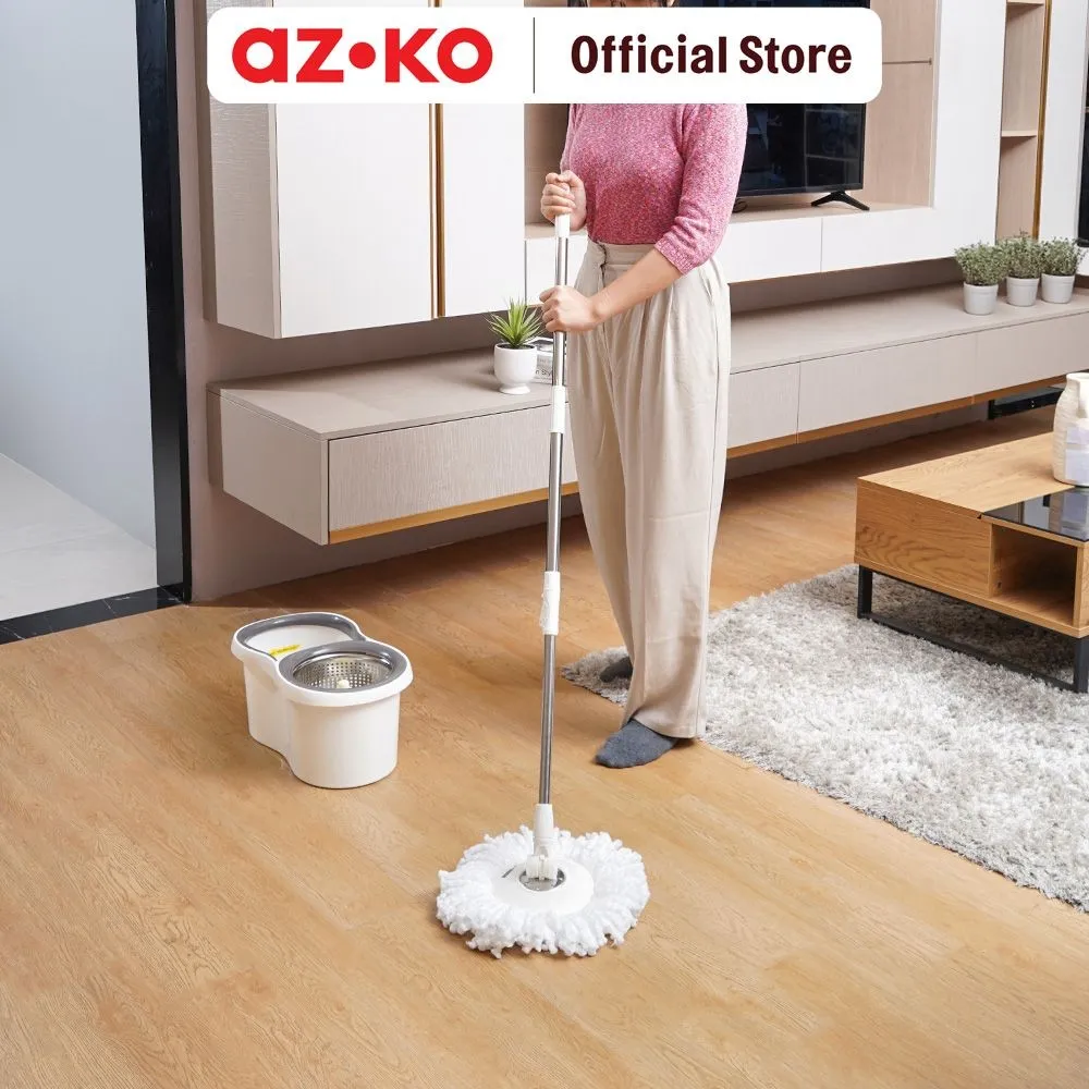 AZKO Proclean Set Alat Pel Putar Dengan Ember Peras - Putih Kain Pel Spinning Mop With Bucket Pembersih Lantai Alat Kebersihan