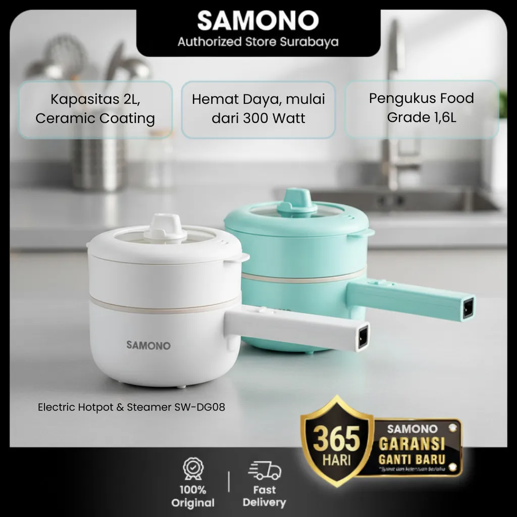 SAMONO Panci Listrik Serbaguna 2L+Steamer Ceramic Coating SW-DG08 2 level Memasak Hemat Listrik Panci Anak Kos Elektrik Hotpot Panci Serbaguna Elektrik Multi Cooker Goreng Kukus Rebus Alat Masak Sebaguna