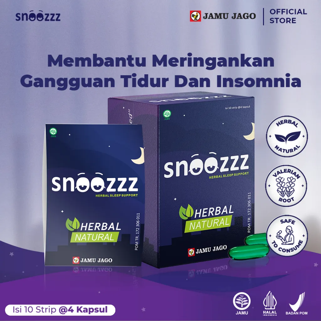 Snoozzz Membantu Mengatasi Insomnia, Sulit Tidur, dan Gangguan Tidur (Variant 3 Strip, 6 Strip, dan 1 Box) by Jamu Jago
