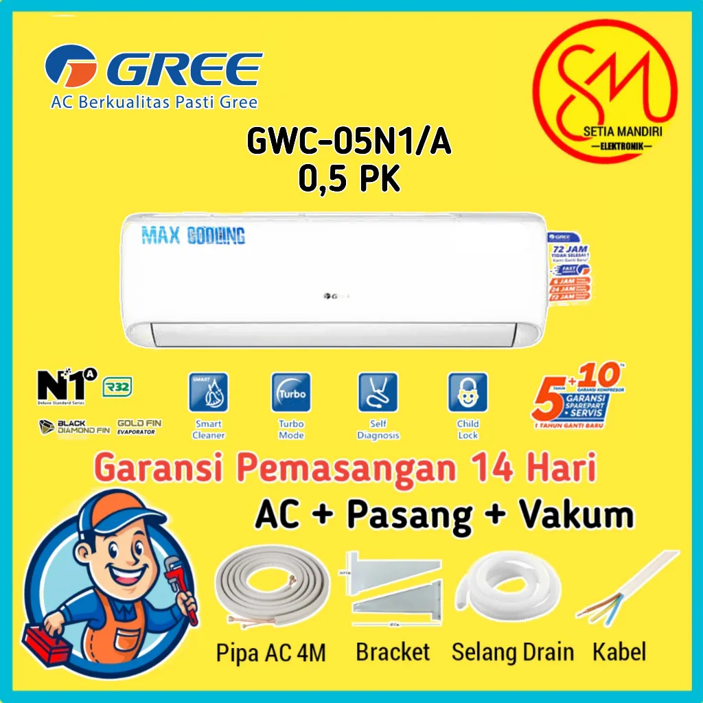 GREE AC DELUXE STANDARD N1 Series - 1/2PK - GWC-05N1 - KOMPRESSOR BLACK DIAMOND FIN - PUTIH