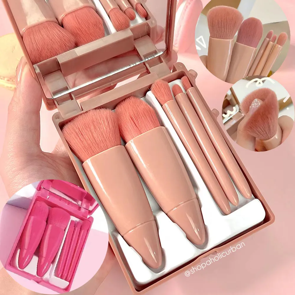Set Cermin dan Kuas Make Up Travelling Make Up Brush dengan Kaca untuk Travel Brush With Mirror 5in1 Kuas Make Up Brush Lipstick Brush Smudge Brush Compact Portable Brush Kuas Riasan Set Kuas