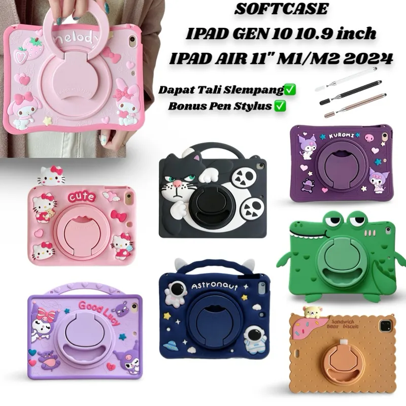 Case Karakter for iPad A16 (Gen 11) 2025 / iPad Gen 10 10.9 inch 2022 / iPad Air M2 11 inch 2024 / Air M3 11 inch 2025 Softcase Motif Anak Casing Tab Free Bonus Tali dan Stylus Pen